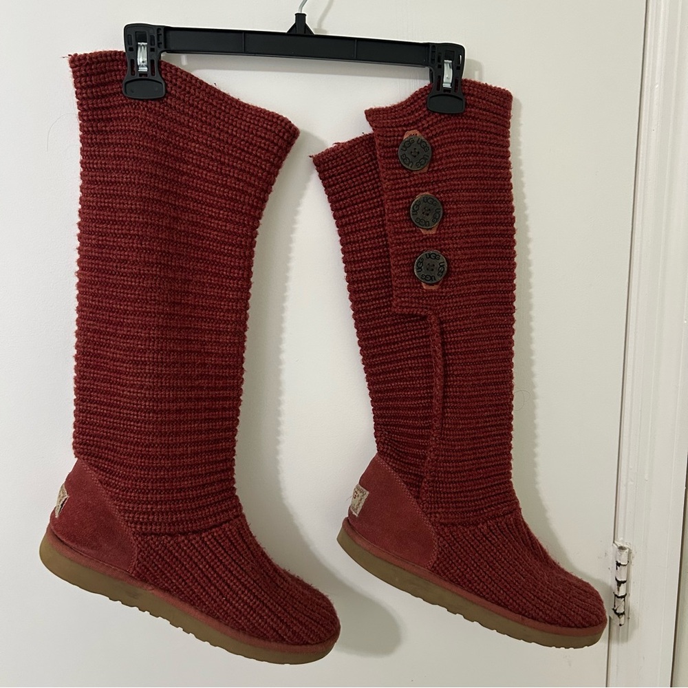 UGG Burgundy Knit Sock Boots with Button Detail | Size 10